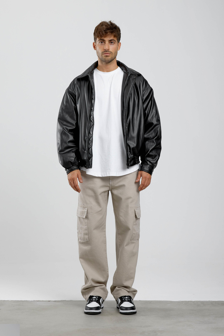 Oversize Şişme Suni Deri Siyah Bomber Mont
