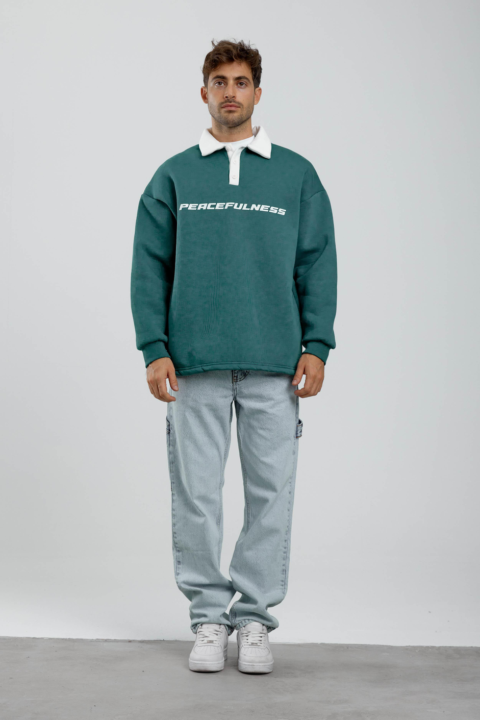 Peacefulness Yazılı Yakalı Yeşil Sweatshirt