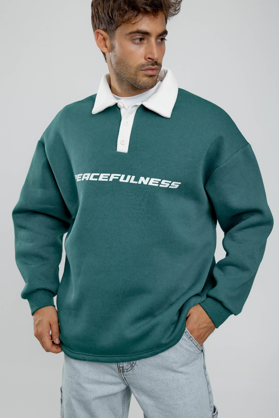 Peacefulness Yazılı Yakalı Yeşil Sweatshirt