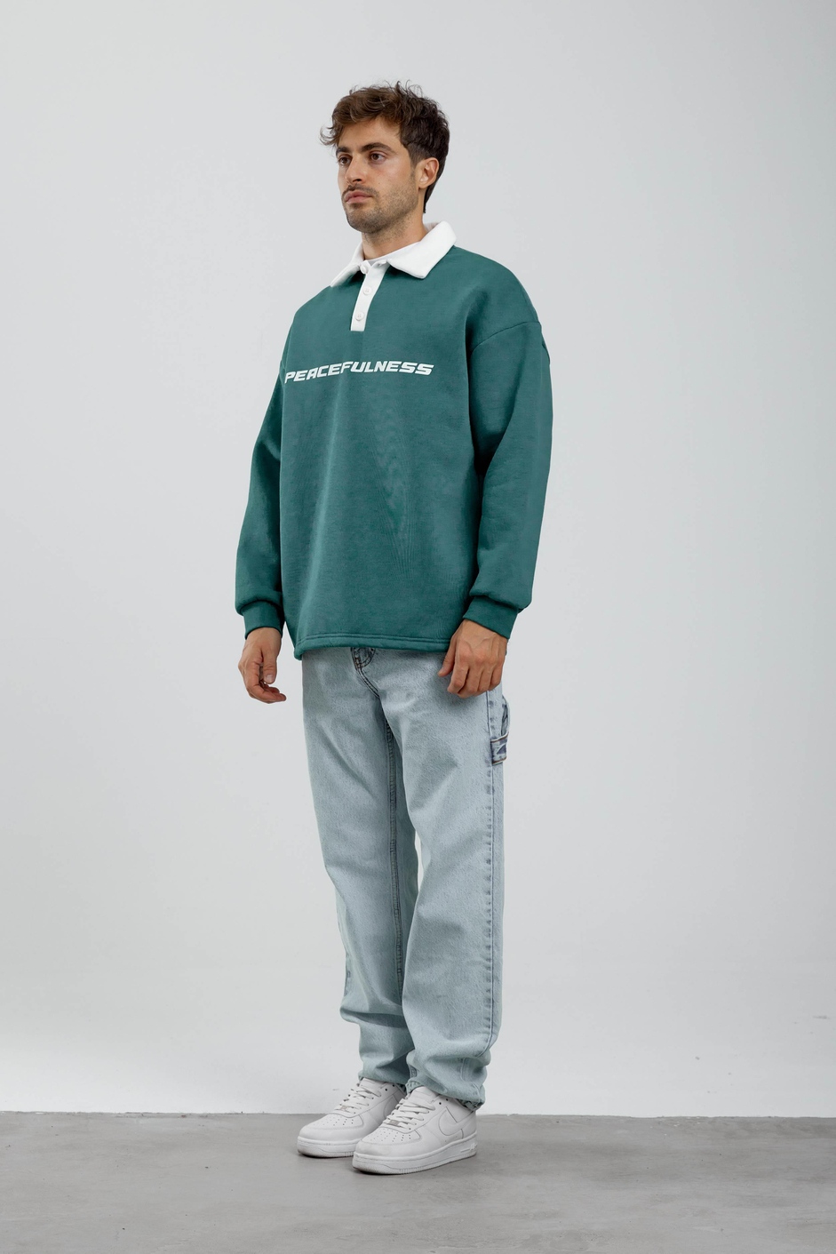 Peacefulness Yazılı Yakalı Yeşil Sweatshirt