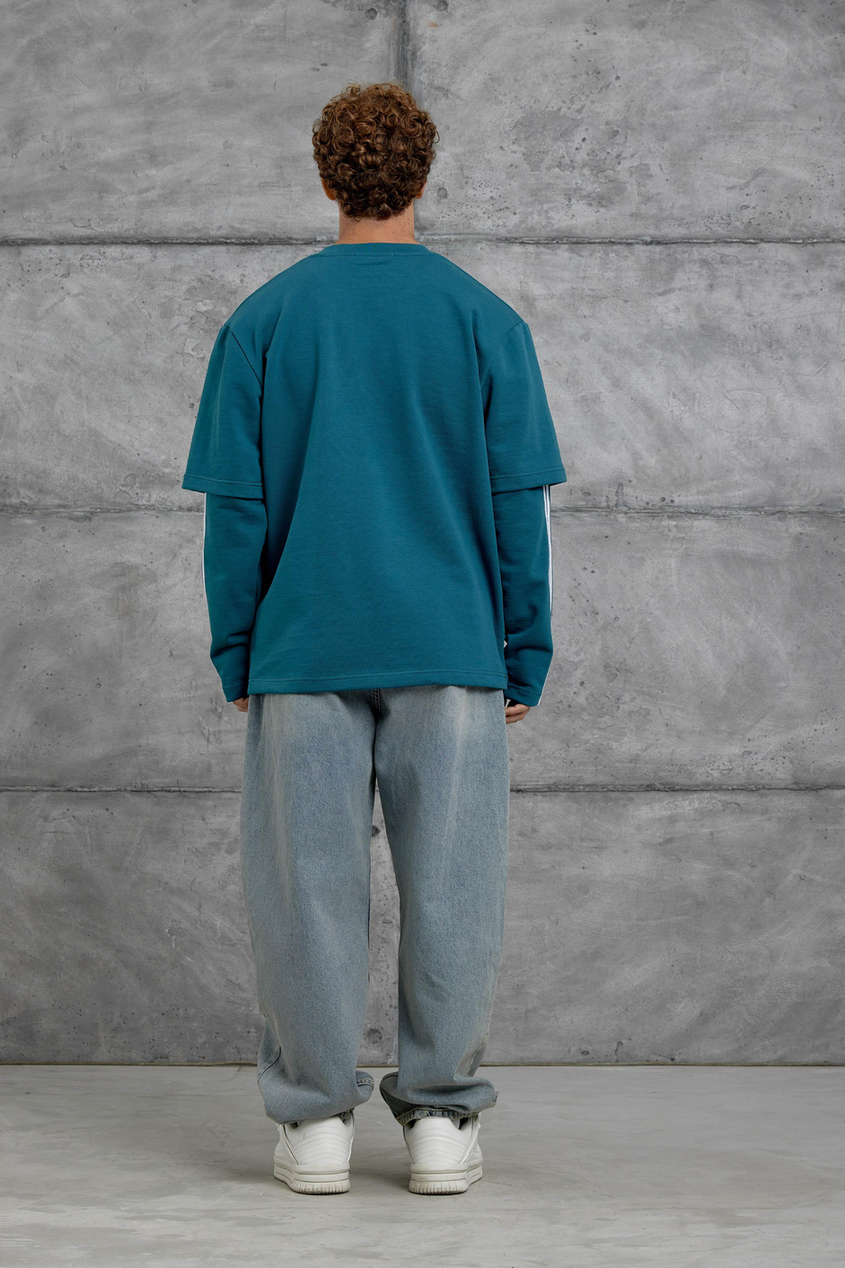 Petrol Mavisi Yc4 Oversize Kolu Parçalı  Şerit Detaylı  Sweatshirt