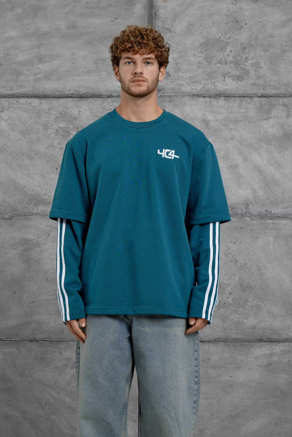 Petrol Mavisi Yc4 Oversize Kolu Parçalı  Şerit Detaylı  Sweatshirt