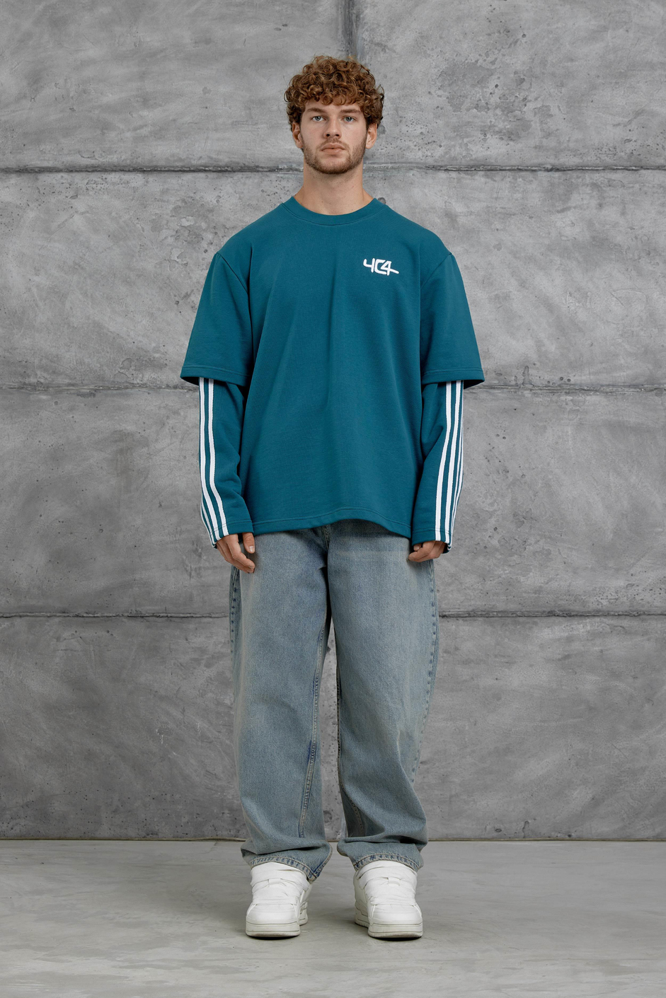 Petrol Mavisi Yc4 Oversize Kolu Parçalı  Şerit Detaylı  Sweatshirt