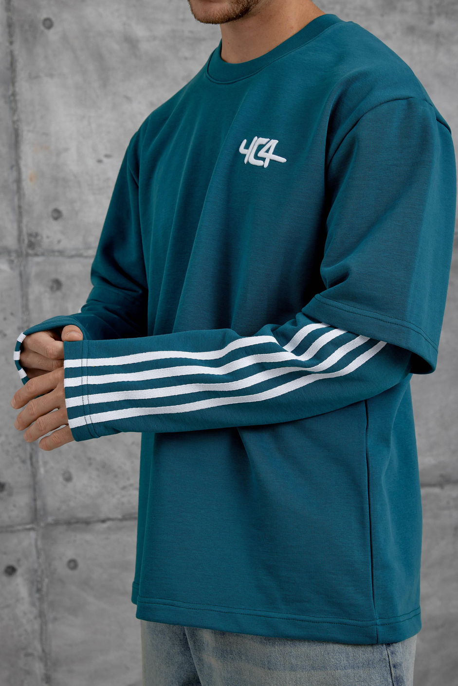 Petrol Mavisi Yc4 Oversize Kolu Parçalı  Şerit Detaylı  Sweatshirt