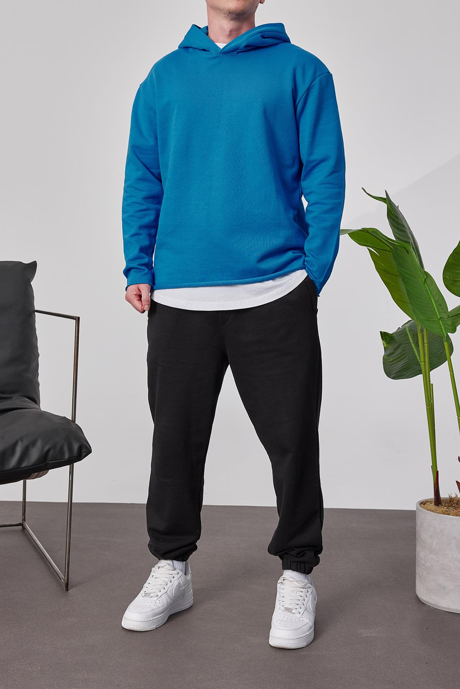 Pis Etek Kapüşonlu Mavi Sweatshirt