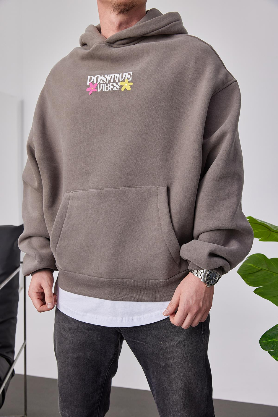 Positive Vibes Kahverengi Kapüşonlu Sweatshirt