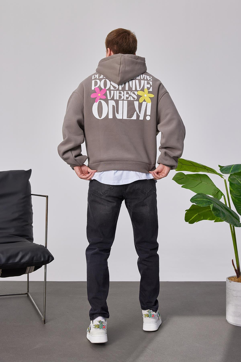 Positive Vibes Kahverengi Kapüşonlu Sweatshirt