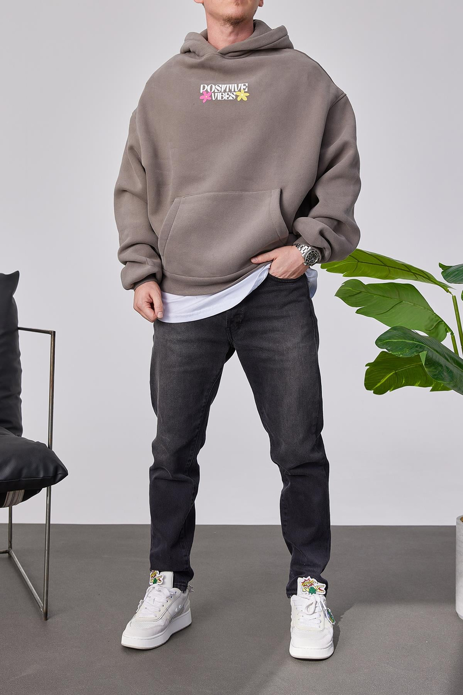 Positive Vibes Kahverengi Kapüşonlu Sweatshirt