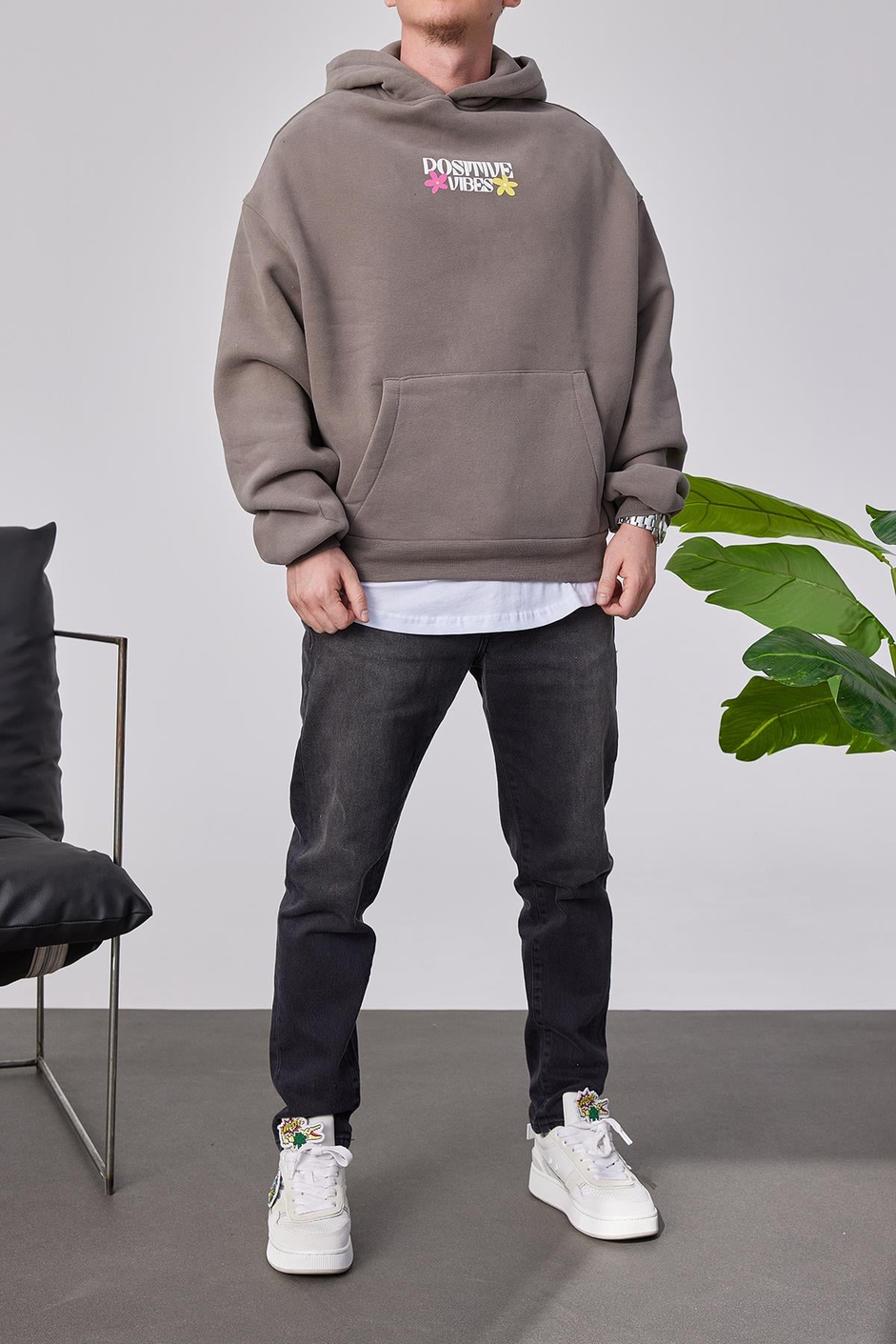 Positive Vibes Kahverengi Kapüşonlu Sweatshirt