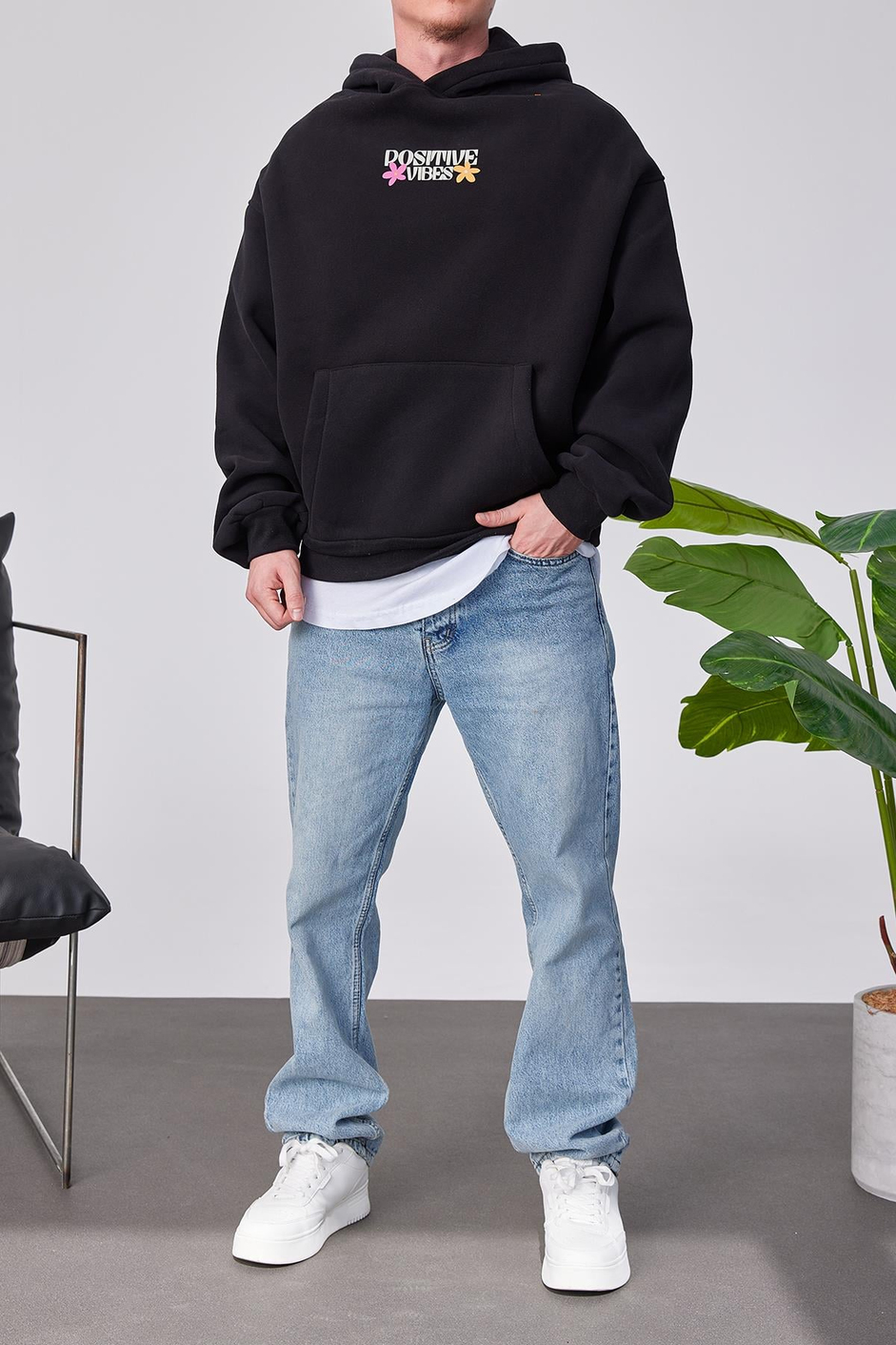 Positive Vibes Siyah Kapüşonlu Sweatshirt