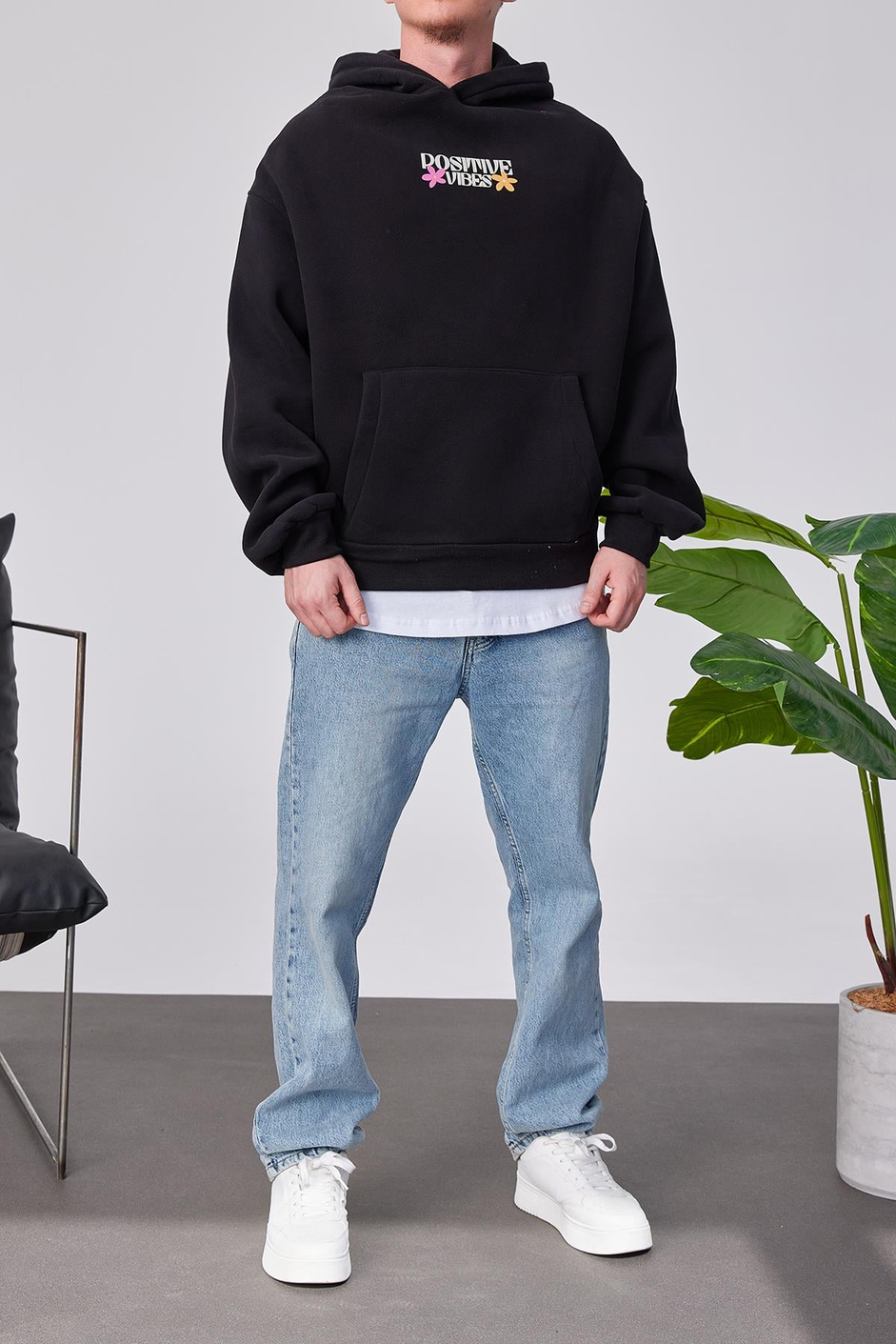 Positive Vibes Siyah Kapüşonlu Sweatshirt