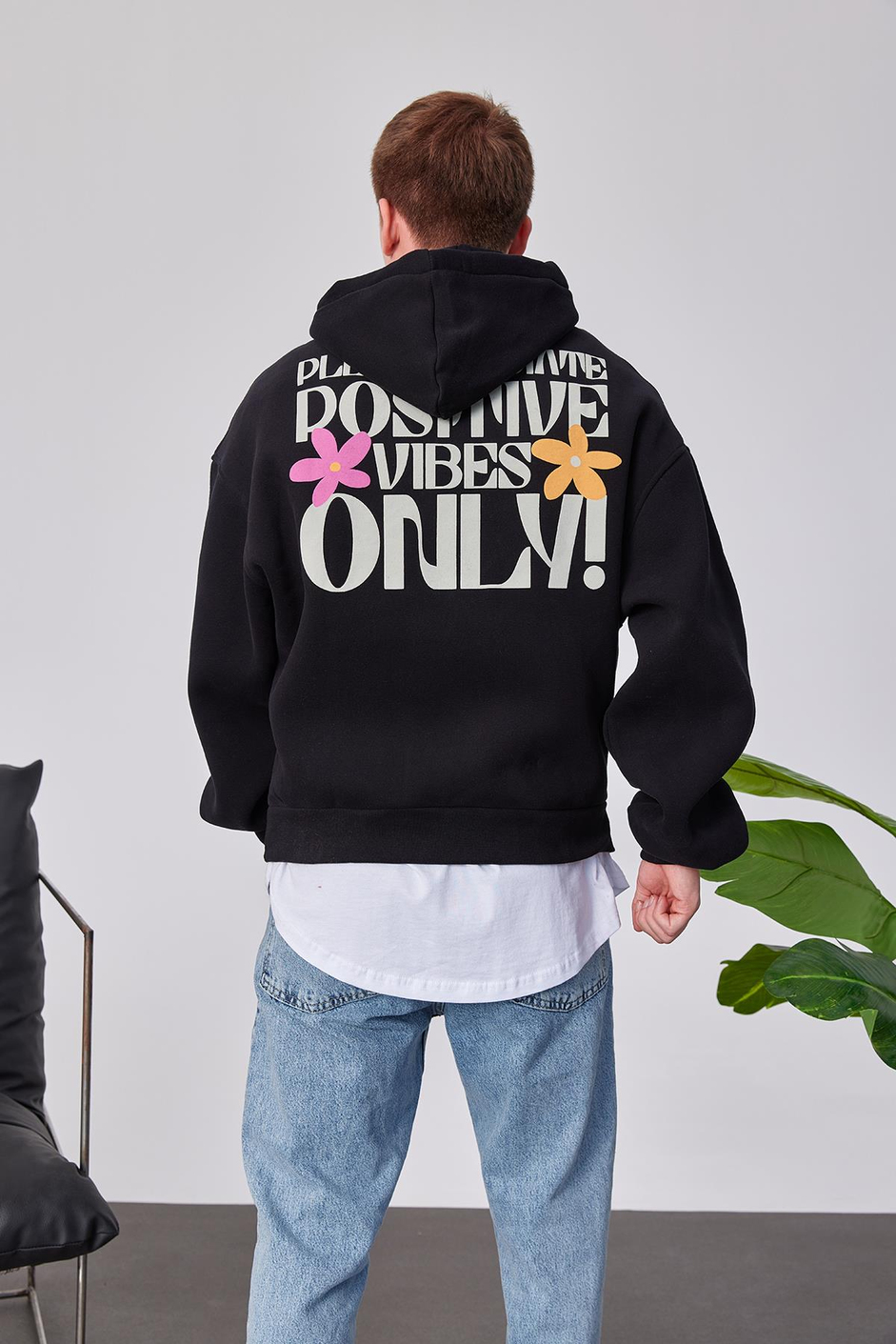 Positive Vibes Siyah Kapüşonlu Sweatshirt