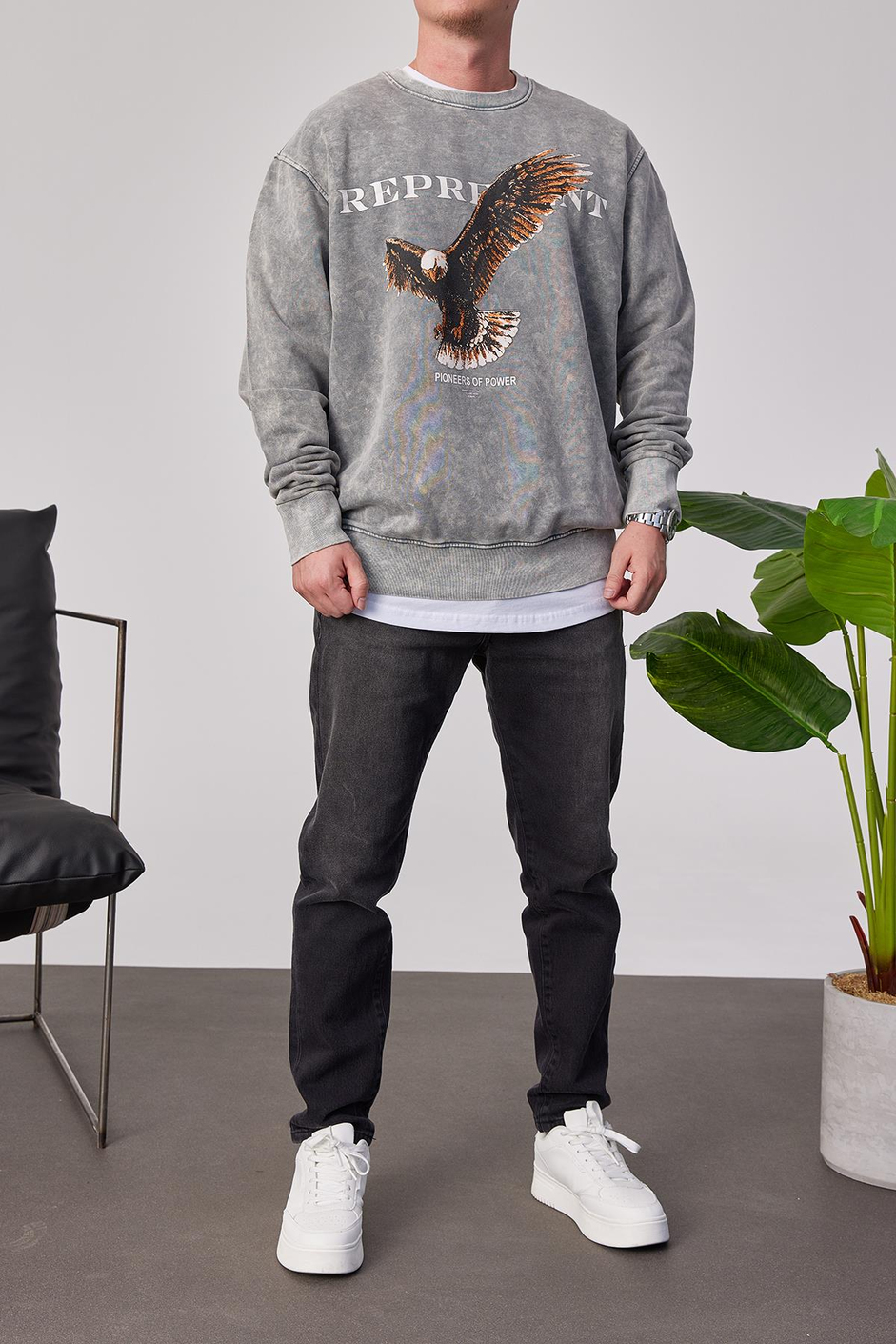 Represent Yazılı Gri Yıkamalı Sweatshirt