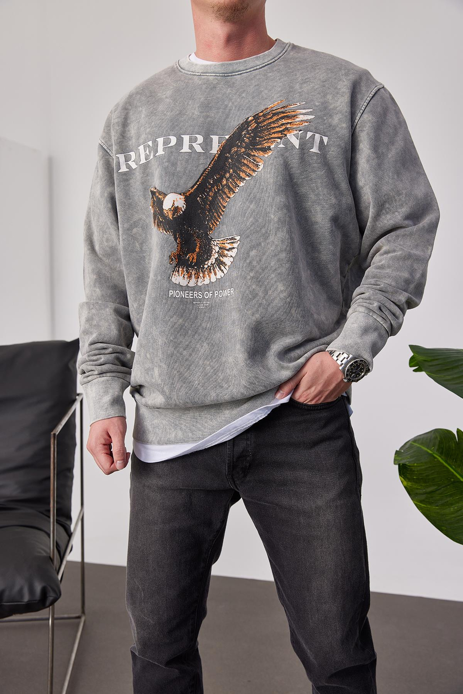 Represent Yazılı Gri Yıkamalı Sweatshirt