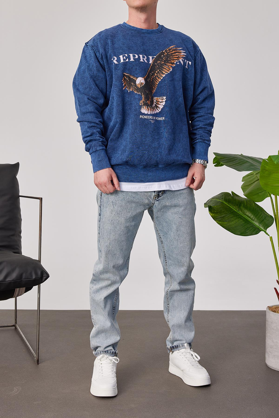 Represent Yazılı Lacivert Yıkamalı Sweatshirt