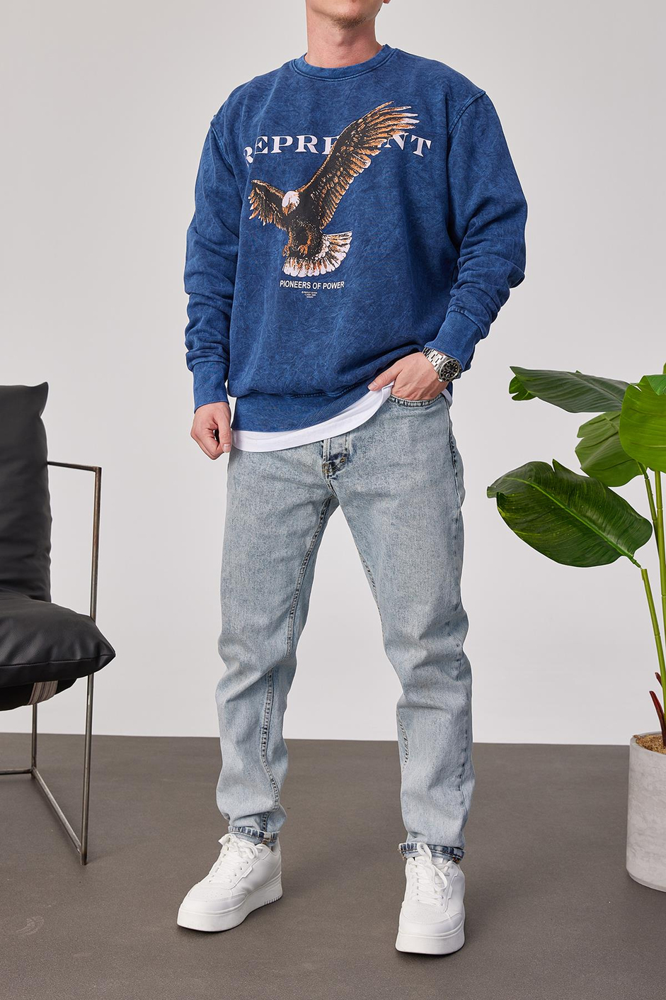 Represent Yazılı Lacivert Yıkamalı Sweatshirt