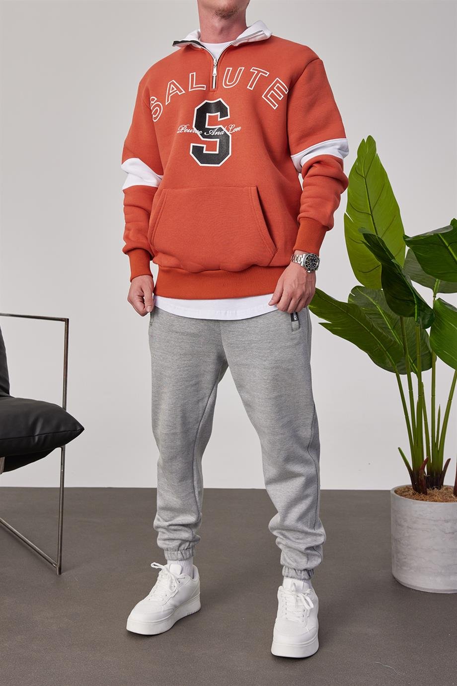 Salute Yakası Fermuarlı Kiremit Sweatshirt