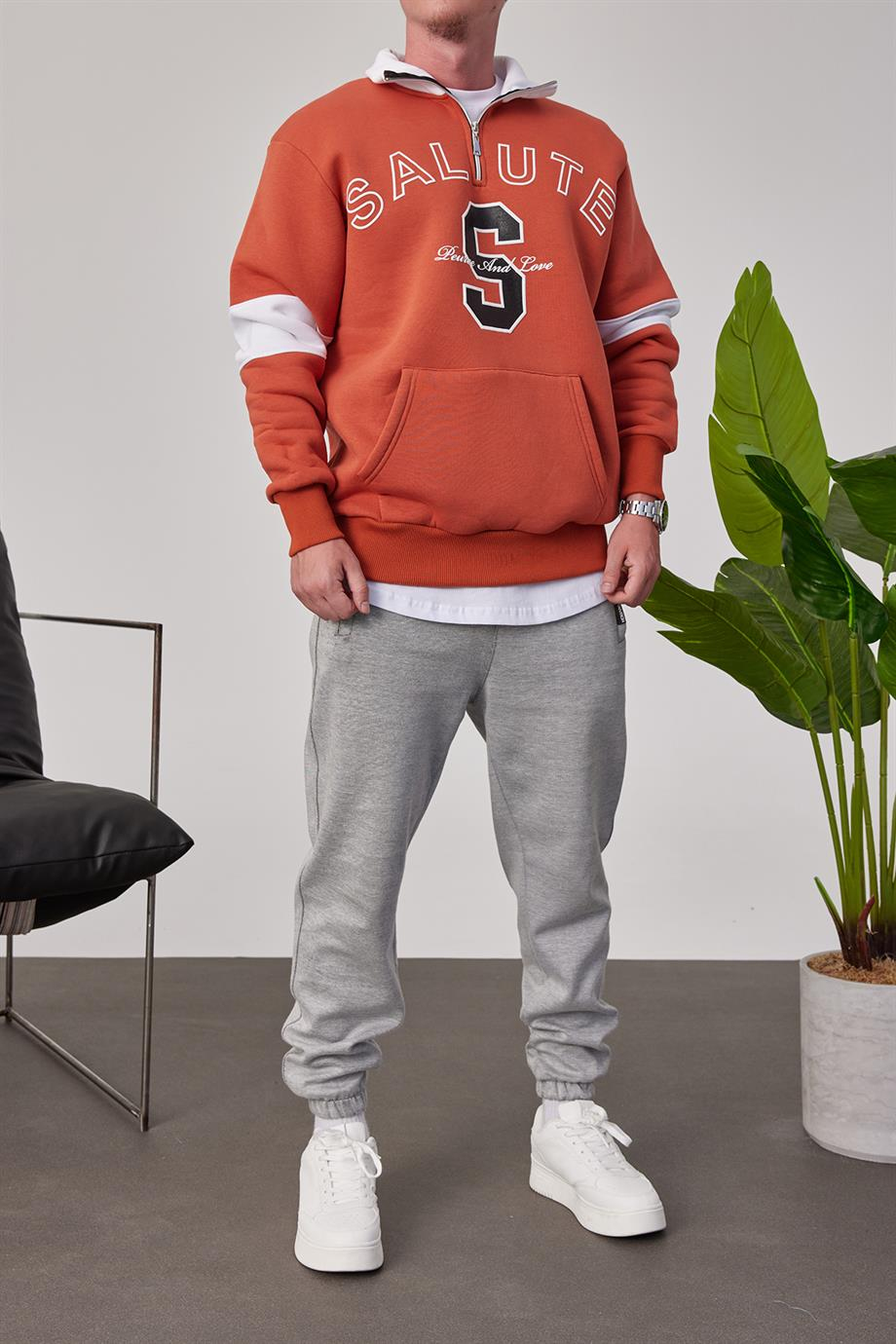 Salute Yakası Fermuarlı Kiremit Sweatshirt