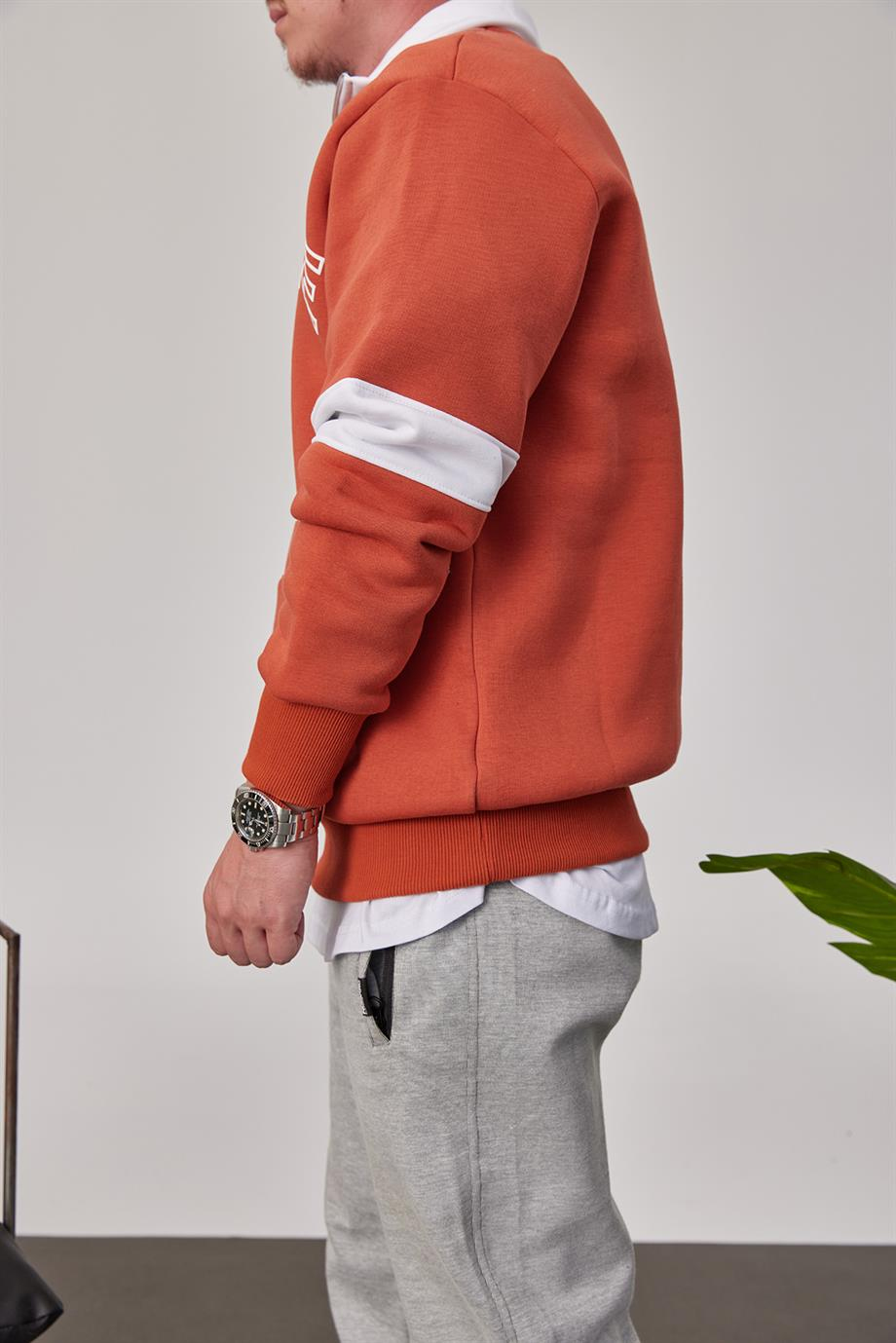 Salute Yakası Fermuarlı Kiremit Sweatshirt