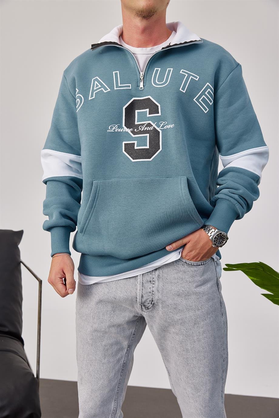 Salute Yakası Fermuarlı Mavi Sweatshirt