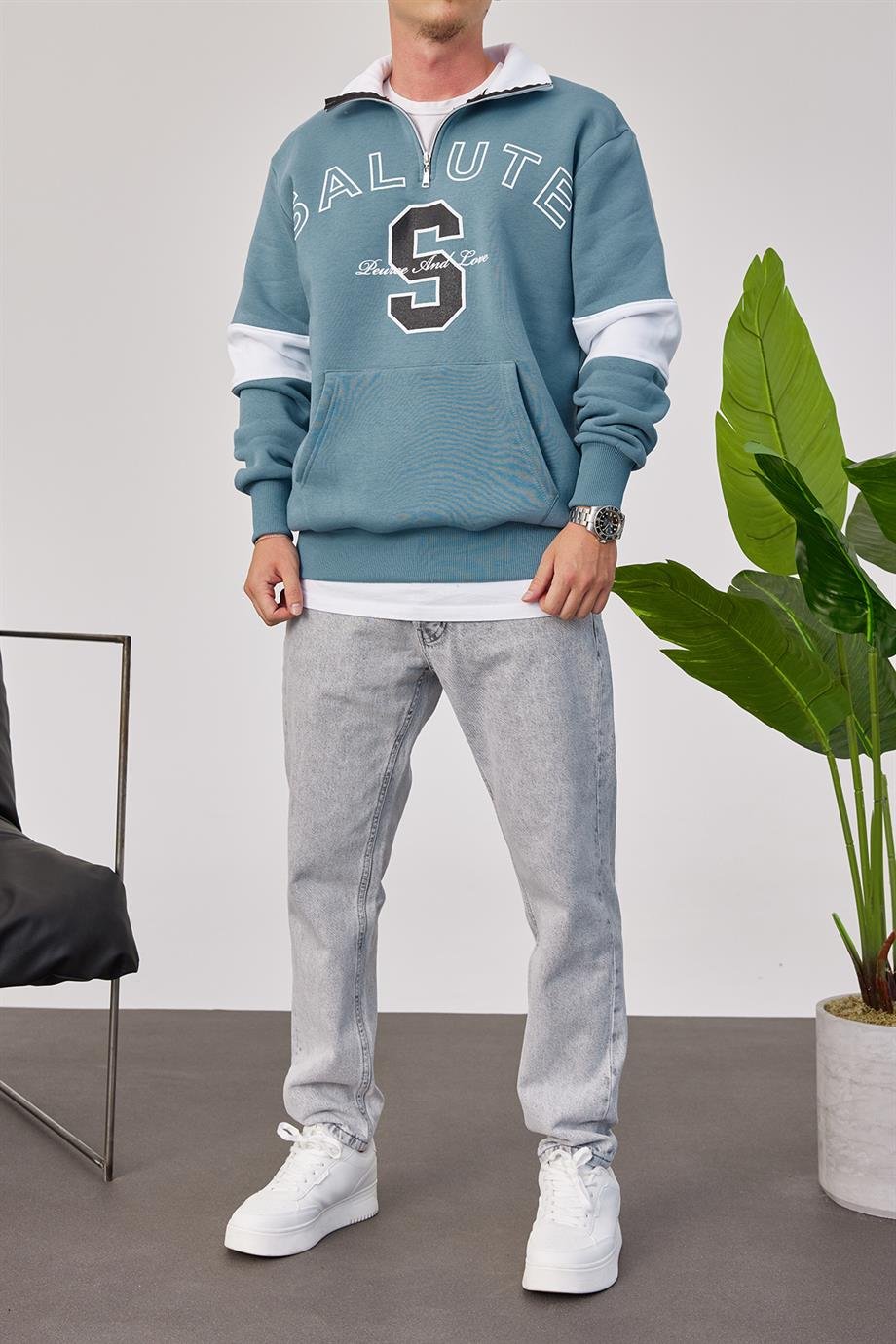 Salute Yakası Fermuarlı Mavi Sweatshirt