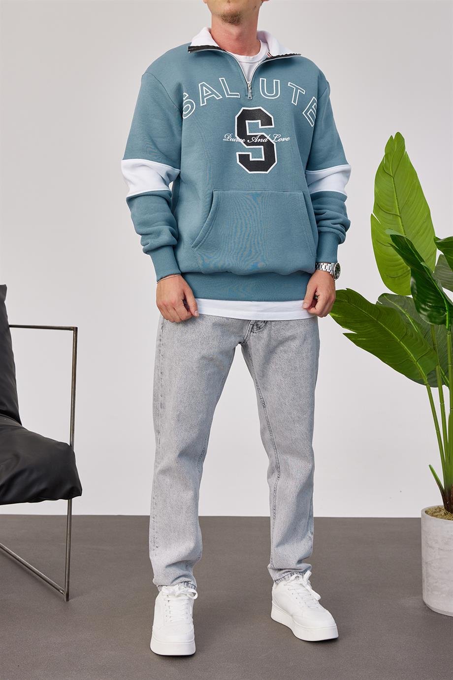 Salute Yakası Fermuarlı Mavi Sweatshirt