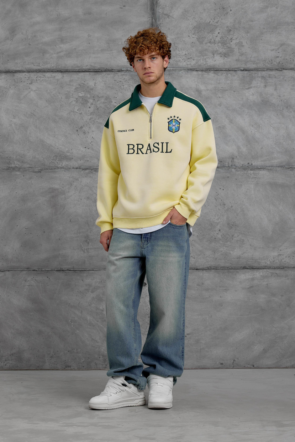 Sarı BRASİL YAZILI YARIM FERMUARLI SWEATSHİRT