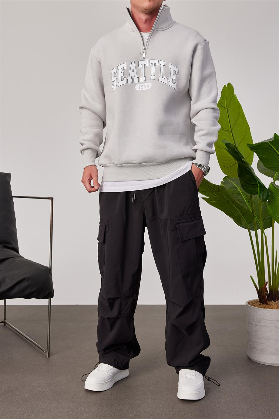 Seattle Yakası Fermuarlı Gri Sweatshirt