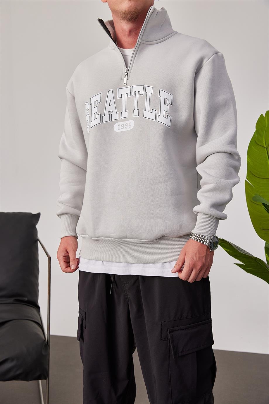 Seattle Yakası Fermuarlı Gri Sweatshirt