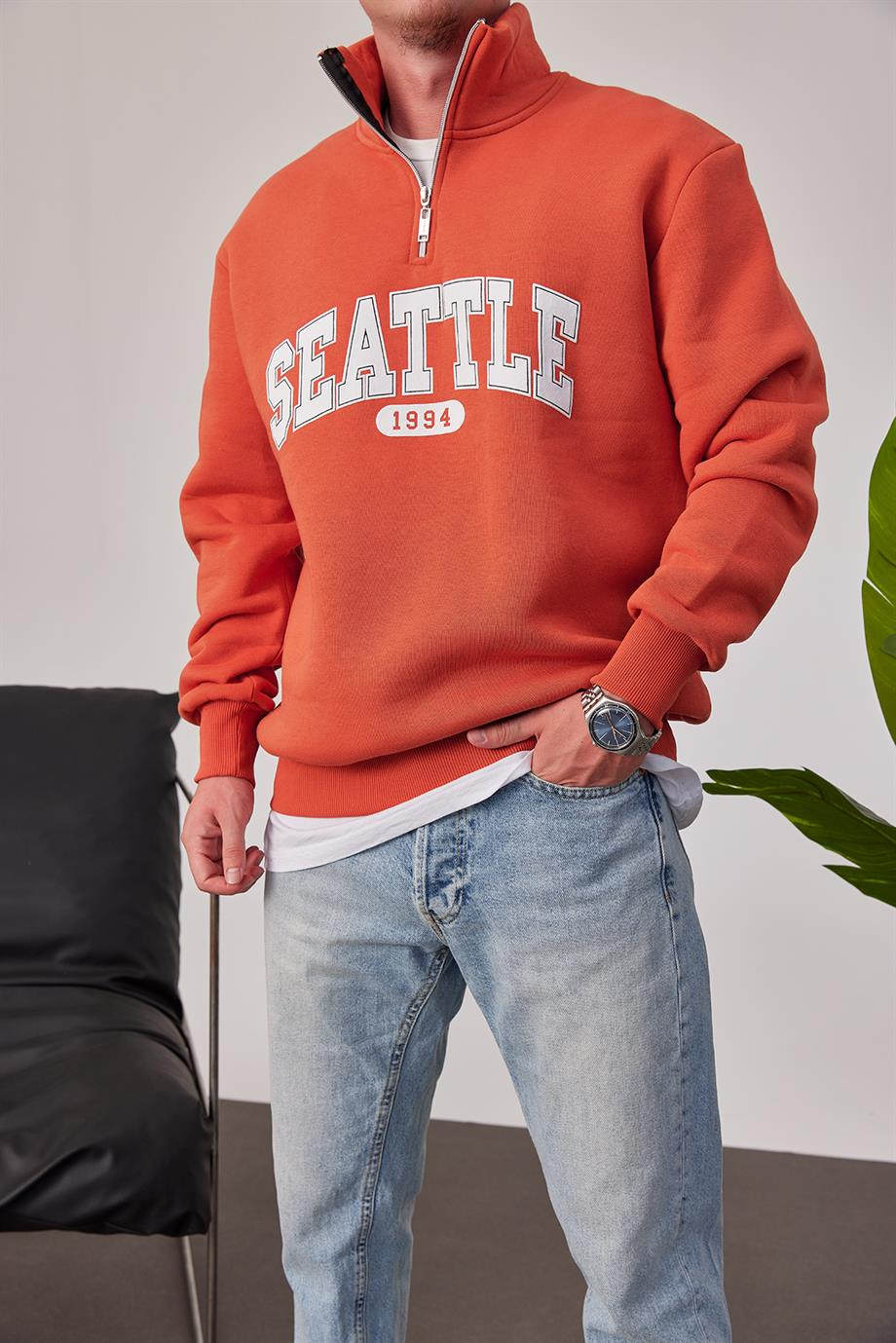 Seattle Yakası Fermuarlı Kiremit Rengi Sweatshirt