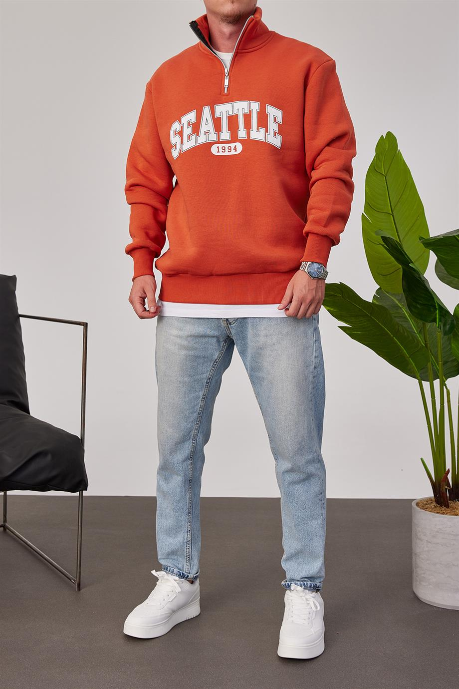 Seattle Yakası Fermuarlı Kiremit Rengi Sweatshirt