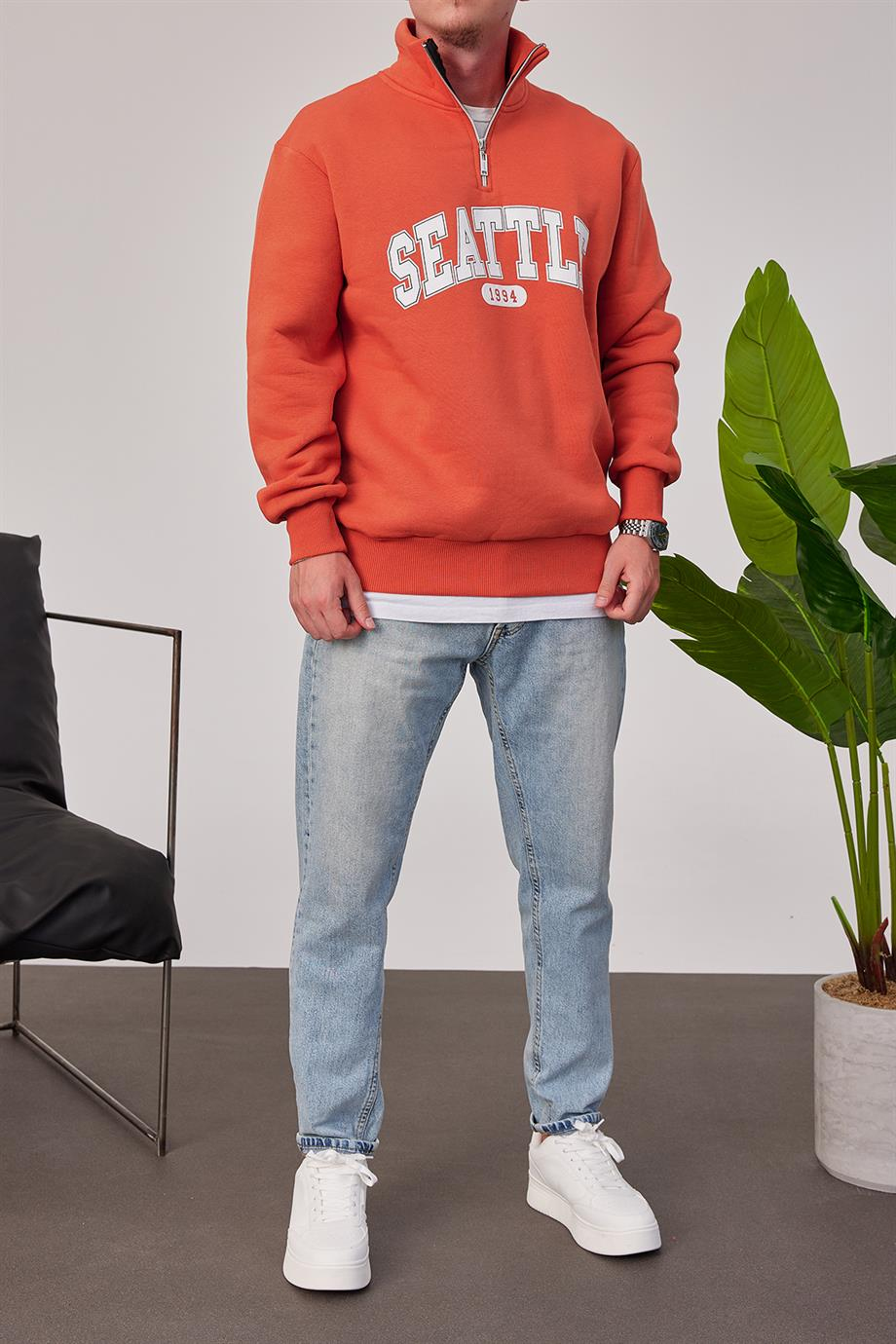 Seattle Yakası Fermuarlı Kiremit Rengi Sweatshirt