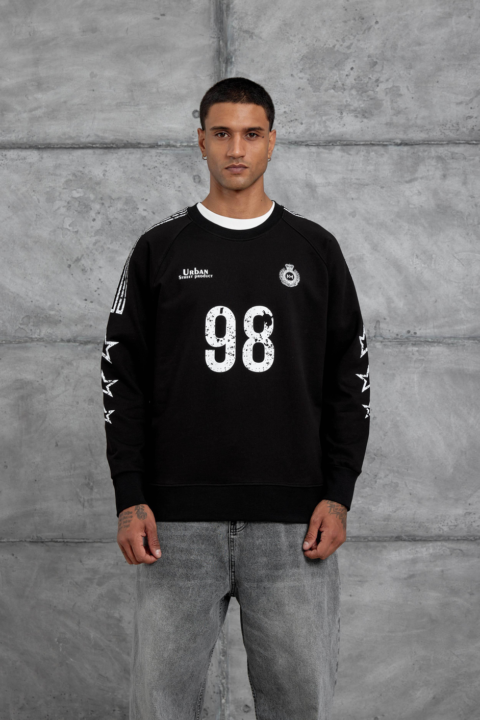 Siyah 98 Baskılı Çizgili Tasarım Oversize Sweatshirt