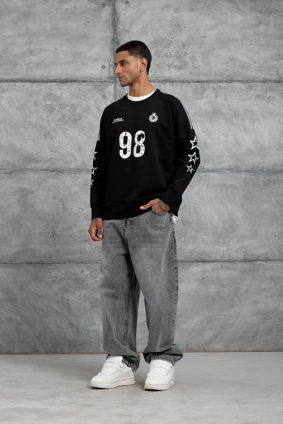 Siyah 98 Baskılı Çizgili Tasarım Oversize Sweatshirt