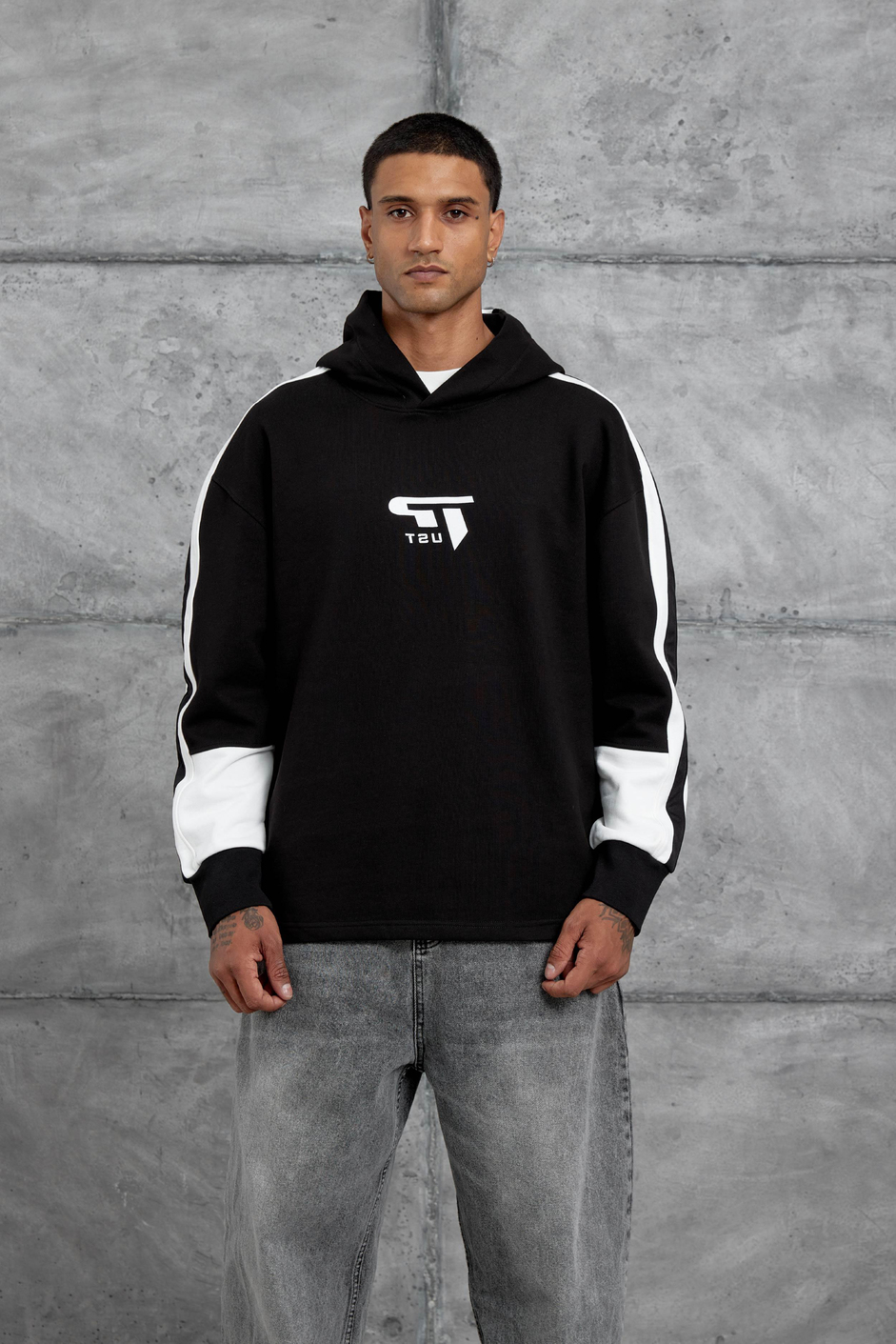 Siyah Advance Baskılı Kapüşonlu Oversize Sweatshirt