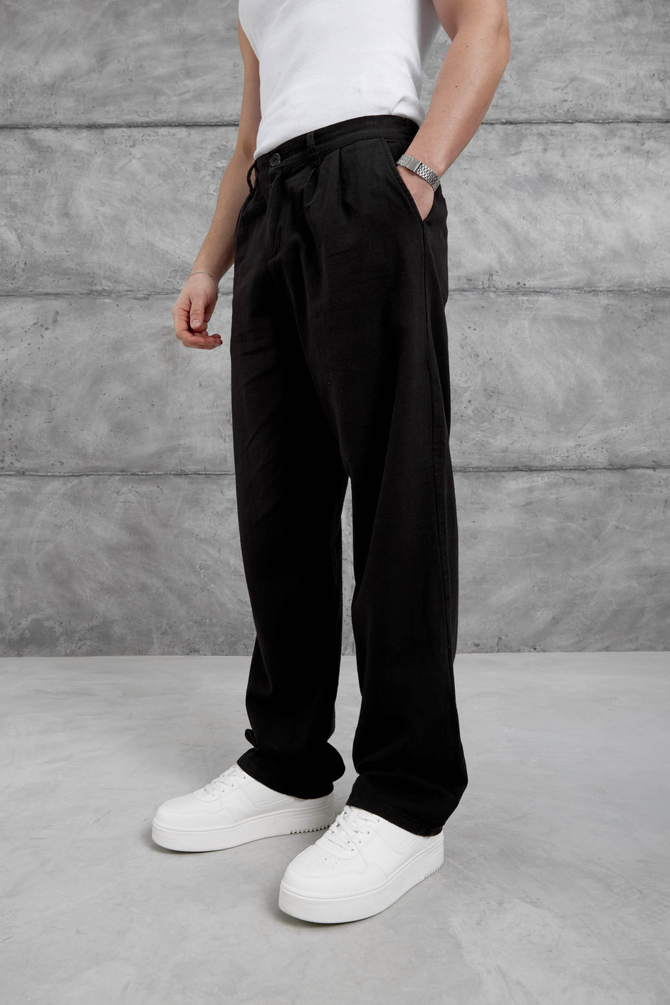Siyah Baggy Kalıp Keten Pantolon