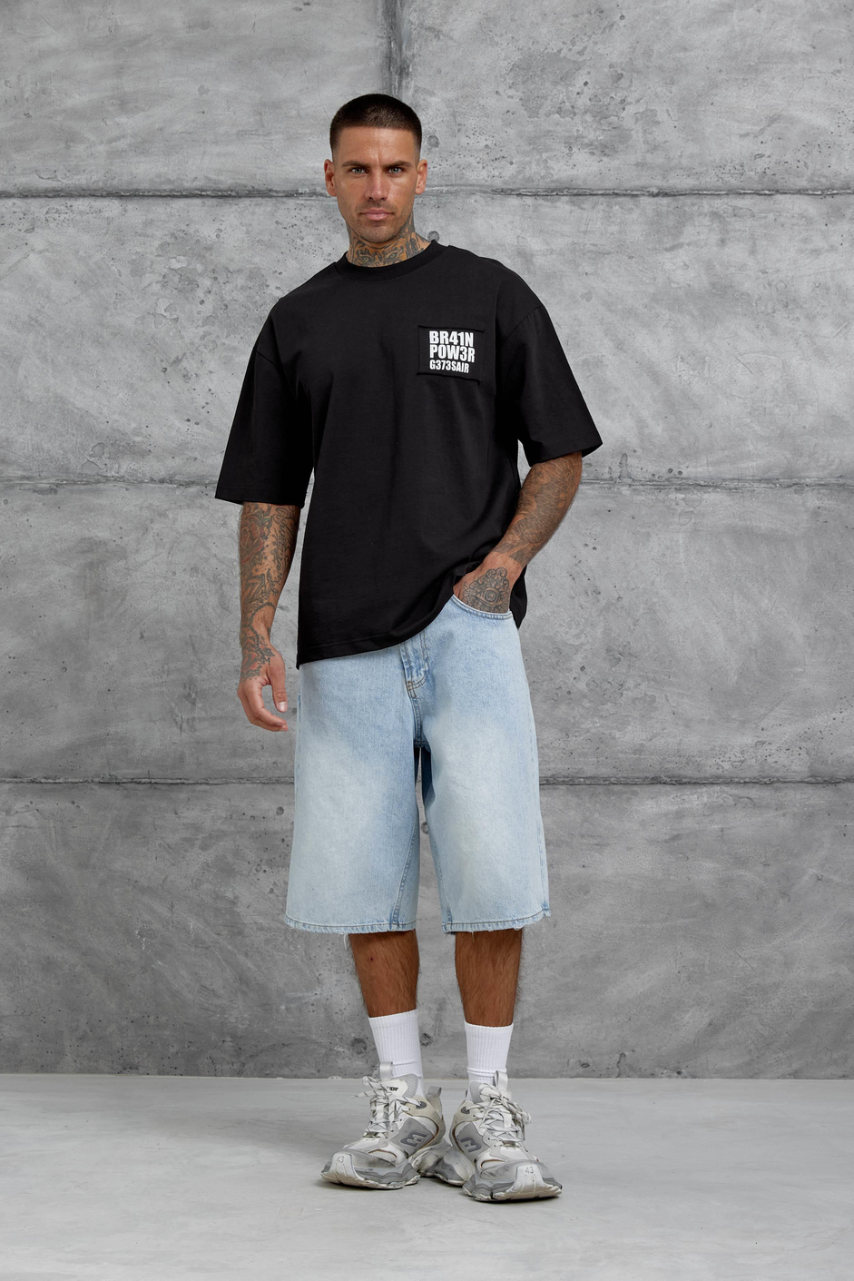 Siyah Br41n Pow3r Yazılı Oversize Tshirt