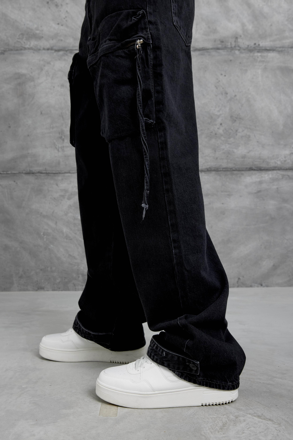 Siyah Cth Vintage Taşlamalı Cep Ve Paça Detaylı Baggy Jean