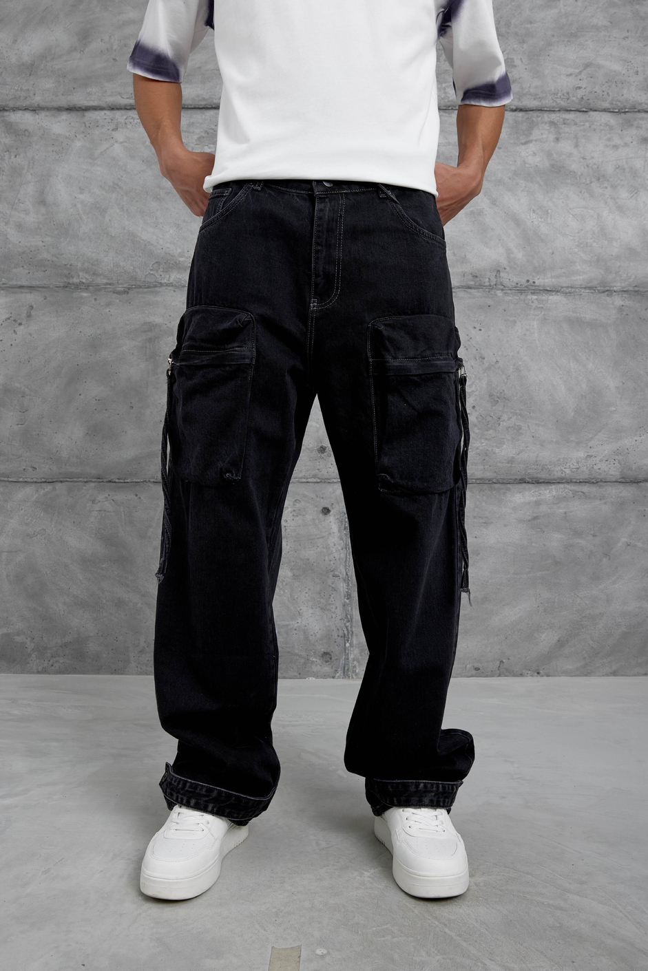 Siyah Cth Vintage Taşlamalı Cep Ve Paça Detaylı Baggy Jean
