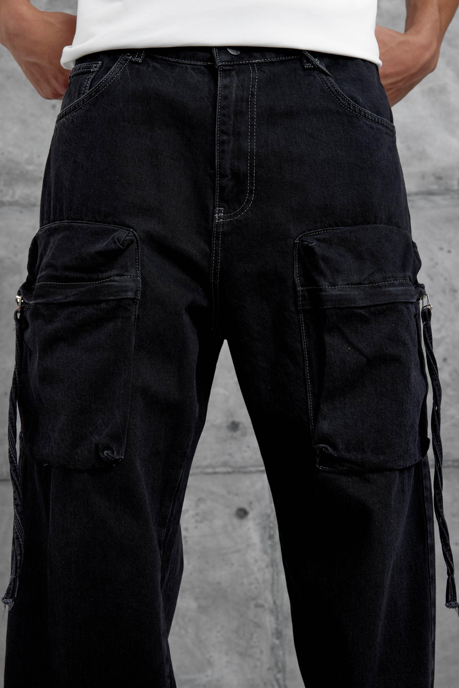 Siyah Cth Vintage Taşlamalı Cep Ve Paça Detaylı Baggy Jean