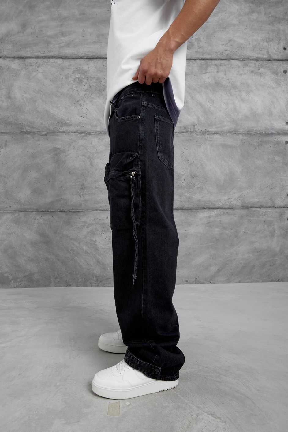 Siyah Cth Vintage Taşlamalı Cep Ve Paça Detaylı Baggy Jean