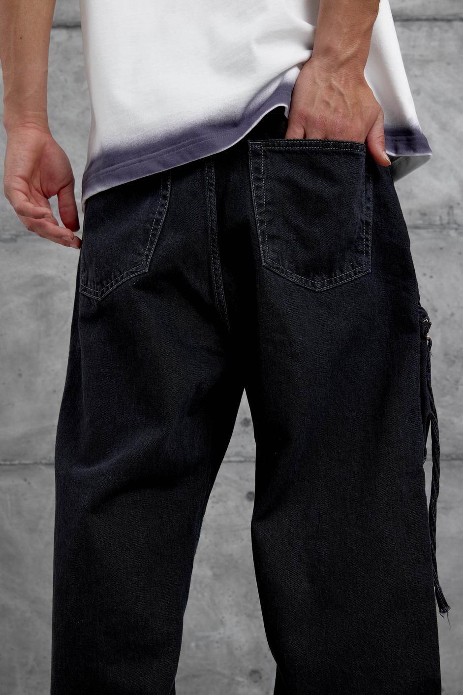 Siyah Cth Vintage Taşlamalı Cep Ve Paça Detaylı Baggy Jean