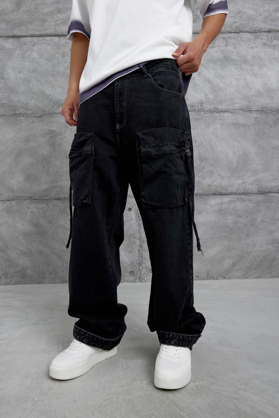 Siyah Cth Vintage Taşlamalı Cep Ve Paça Detaylı Baggy Jean