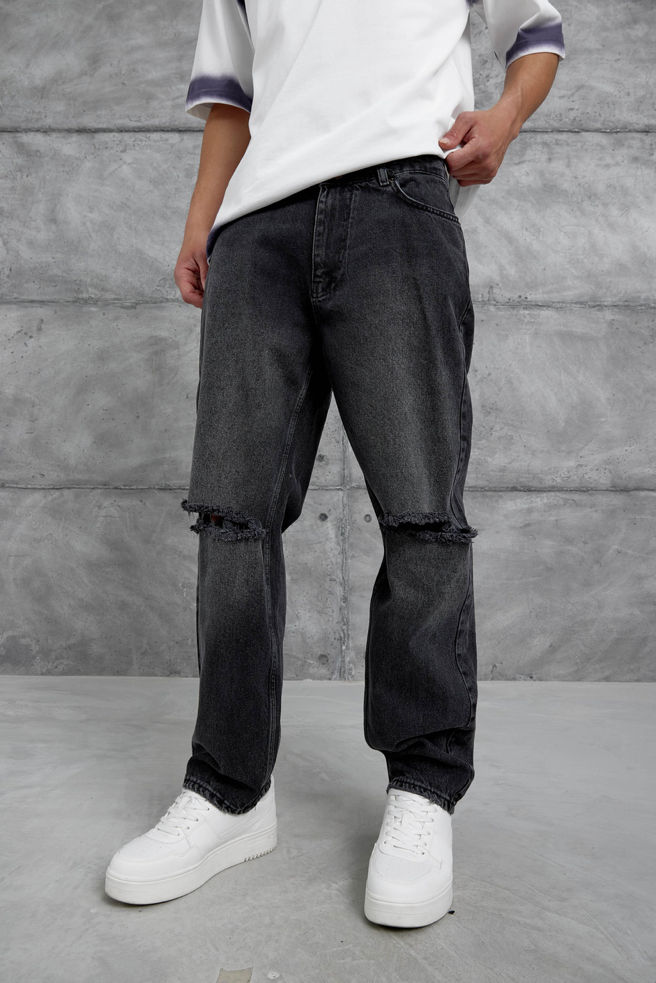 Siyah Cth Yırtık Detaylı Baggy Jean