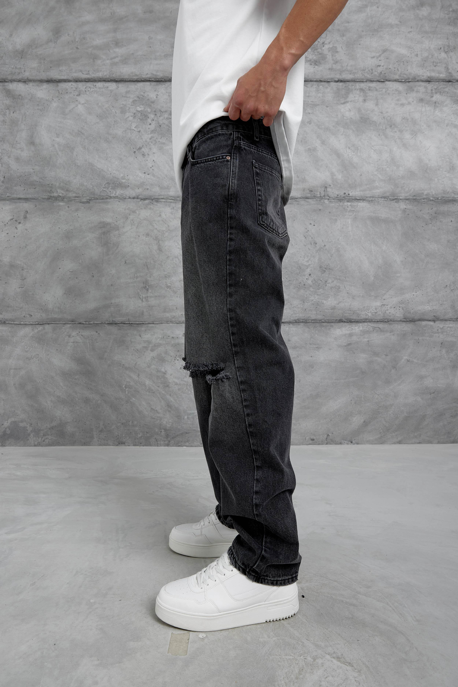 Siyah Cth Yırtık Detaylı Baggy Jean