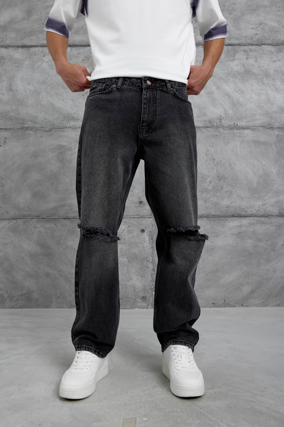 Siyah Cth Yırtık Detaylı Baggy Jean