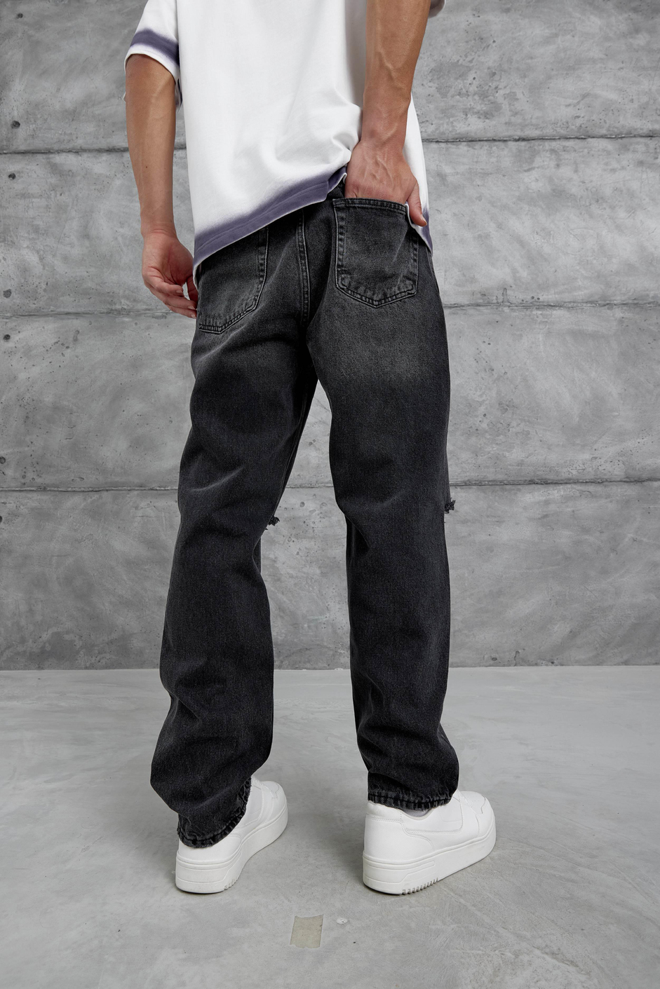 Siyah Cth Yırtık Detaylı Baggy Jean