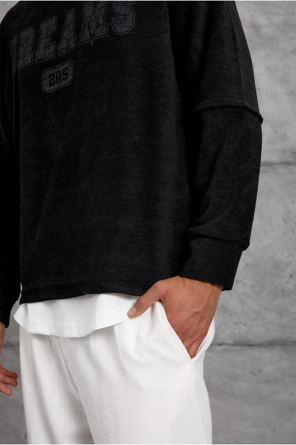 Siyah DREAMS BASKI DOKUMA KUMAŞ OVERSIZE SWEATSHIRT