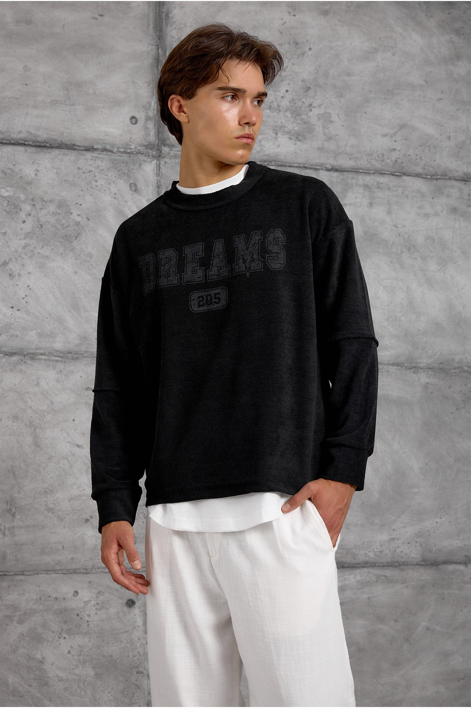Siyah DREAMS BASKI DOKUMA KUMAŞ OVERSIZE SWEATSHIRT
