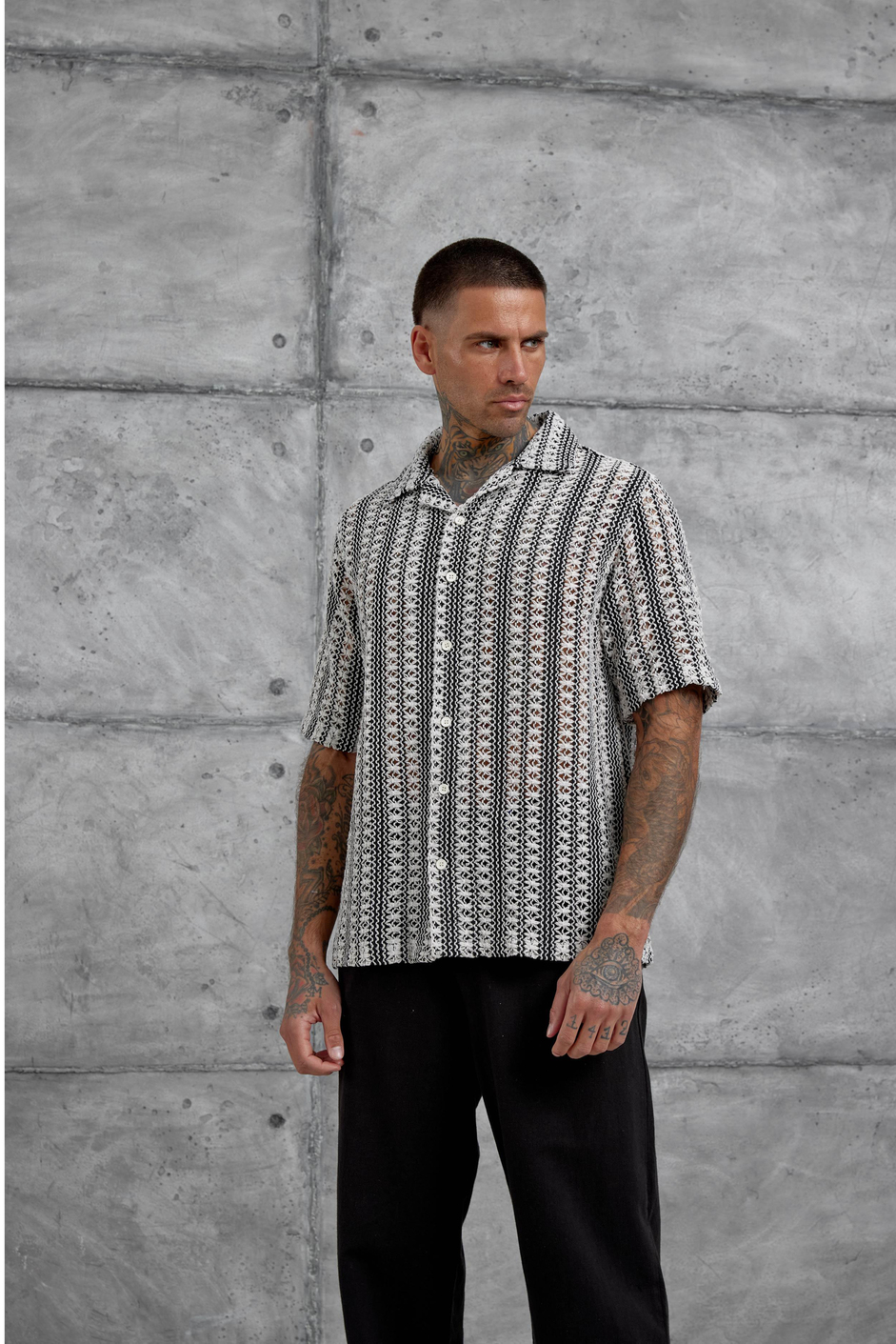 Siyah Ekru Örme Oversize Gömlek